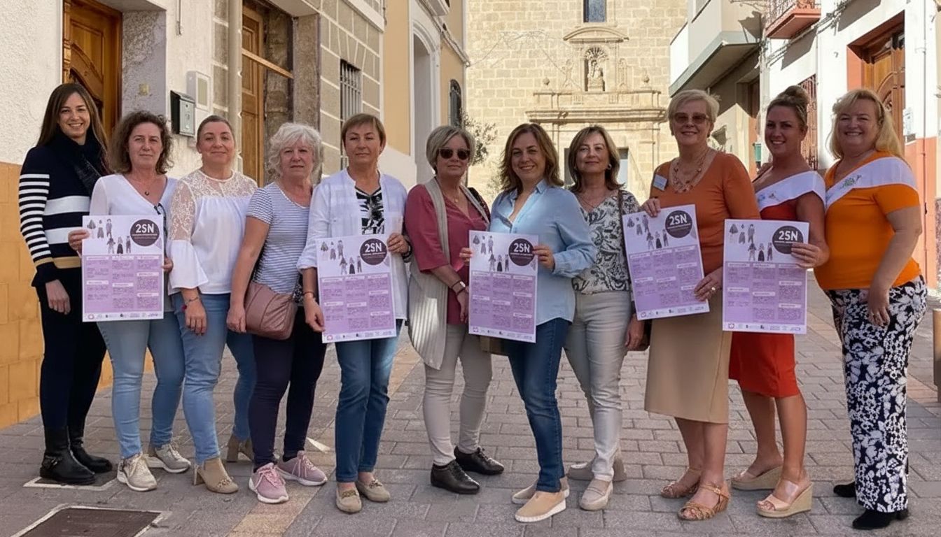 Women in a town street holding posters for 25N, the International Day for the Elimination of Violence against Women