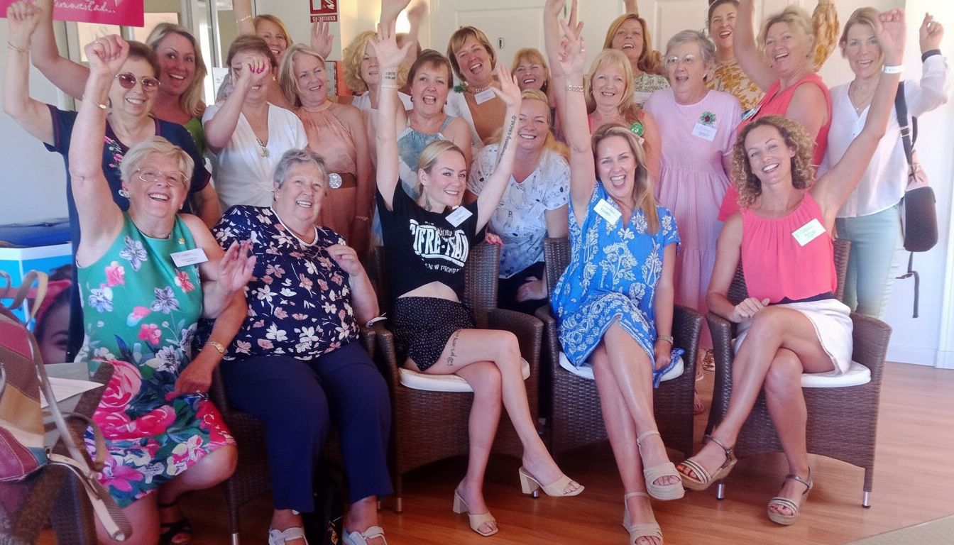 Women of the EUW Marina Alta community, smiling with their hands raised